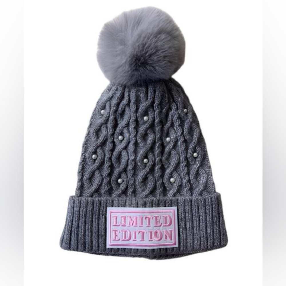 Fur Pom Grey Beanie with Pearls - Limited Edition